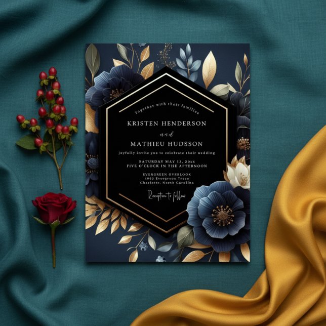 Invitación Boda de Lujo con Floral Azul Marino Profundo (Subido por el creador)