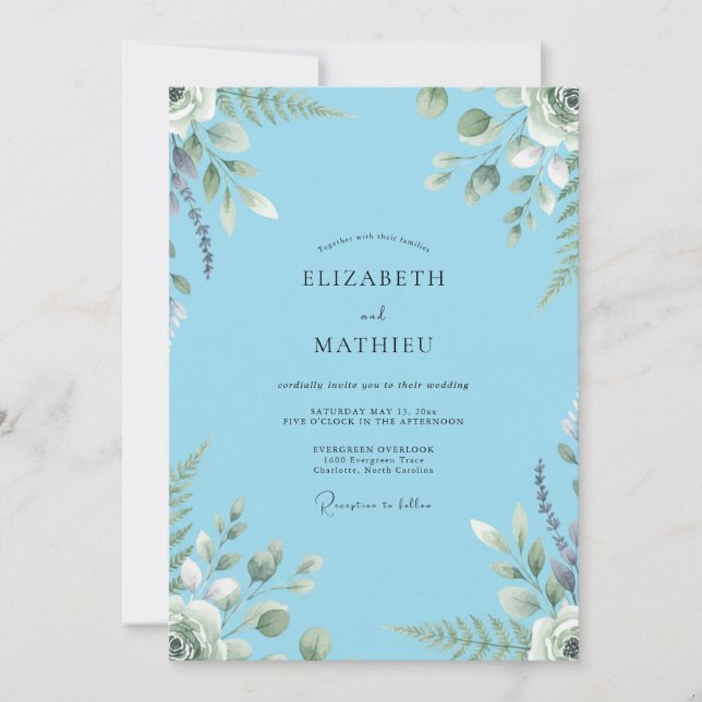 Invitación Boda de lujo con follaje pintado de azul (Anverso)