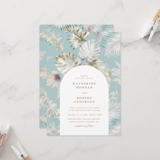 Invitación Boda de lujo con follaje tropical de plata (Anverso/Reverso In Situ)
