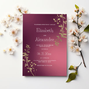 Invitación Boda de lujo con gradiente floral de oro y burdeos