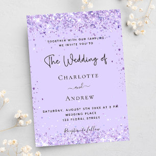 Invitación Boda de lujo con guión de confeti violeta lavanda