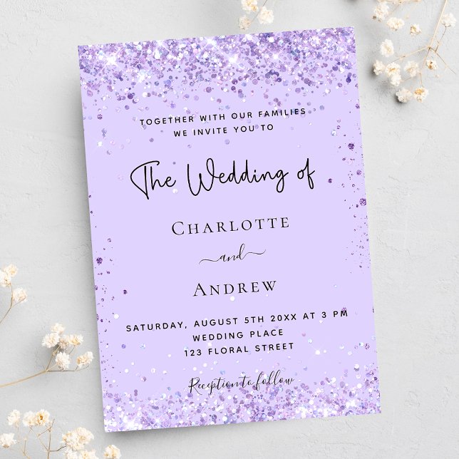 Invitación Boda de lujo con guión de confeti violeta lavanda (Subido por el creador)