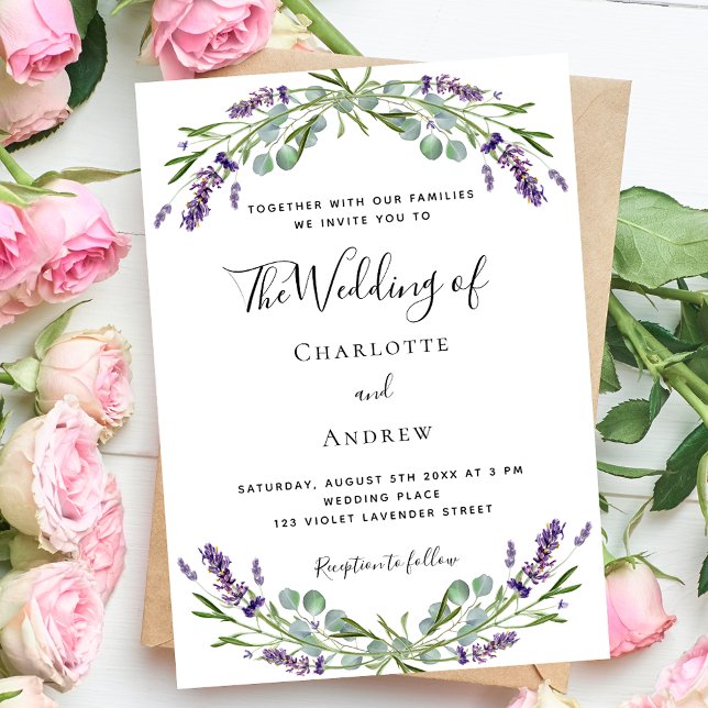 Invitación Boda de lujo con guiones de flores violetas de lav (Subido por el creador)