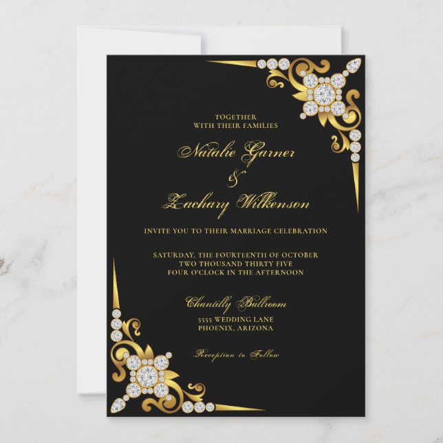 Invitación Boda de lujo con joyas de oro negro (Anverso)