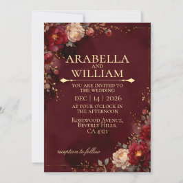 Invitación Boda de Lujo con Marco Dorado Floral Granate de Bo
