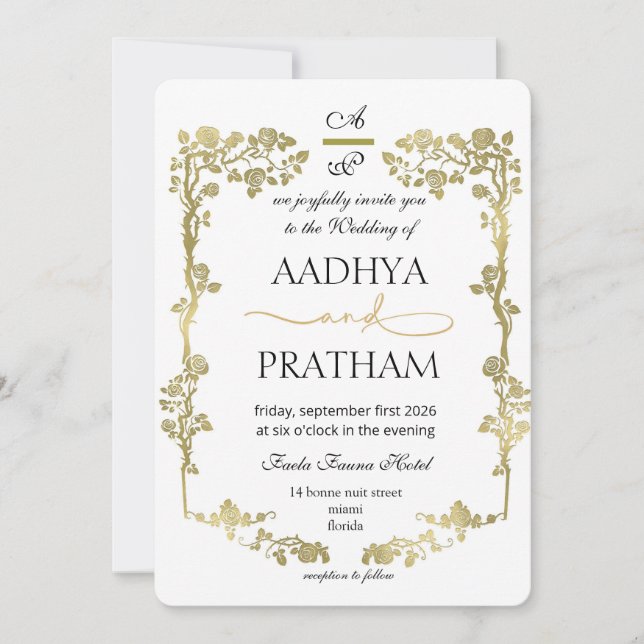 Invitación Boda de lujo con marco floral de oro (Anverso)