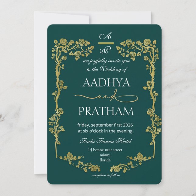 Invitación Boda de lujo con marco floral de oro (Anverso)