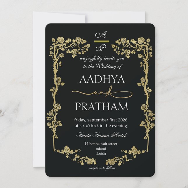 Invitación Boda de lujo con marco floral de oro (Anverso)