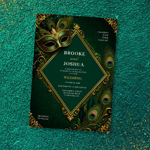 Invitación Boda de Lujo con Máscara de Pavo Real Verde Esmera