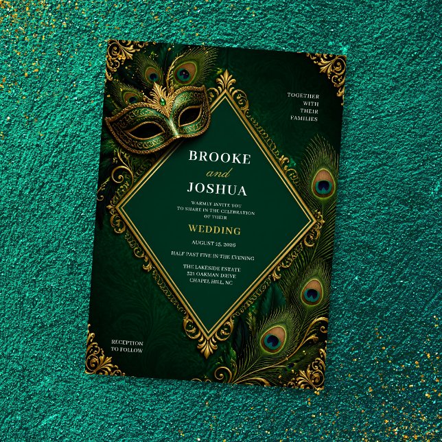 Invitación Boda de Lujo con Máscara de Pavo Real Verde Esmera (Subido por el creador)
