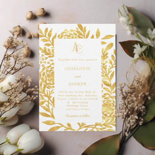 Invitación Boda de lujo con monograma botánico de oro blanco
