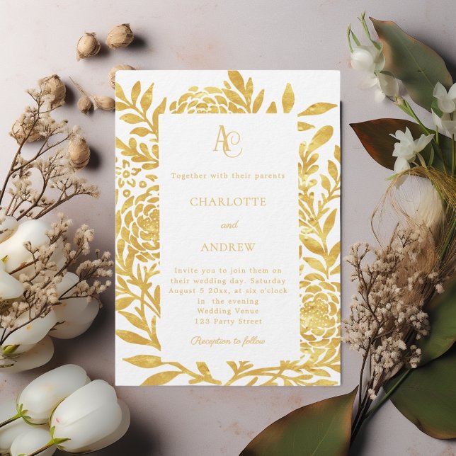 Invitación Boda de lujo con monograma botánico de oro blanco (Subido por el creador)