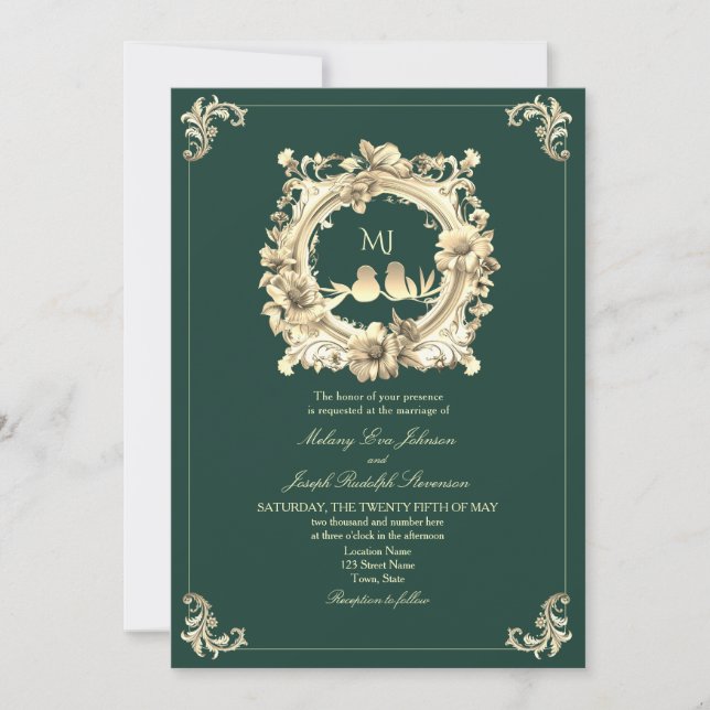 Invitación Boda de Lujo con Oro y Verde Esmeralda (Anverso)