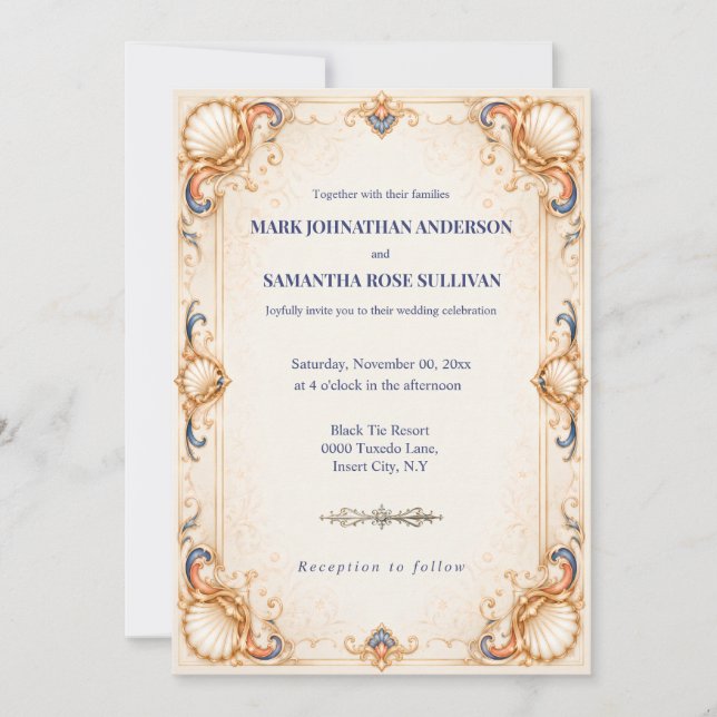 Invitación Boda de Lujo Costera con Conchas Antiguas (Anverso)