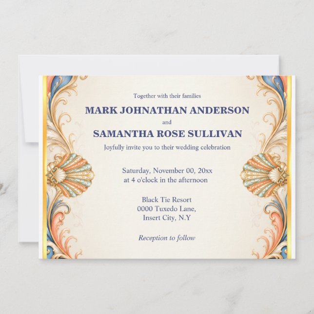 Invitación Boda de Lujo Costera con Conchas Antiguas (Anverso)
