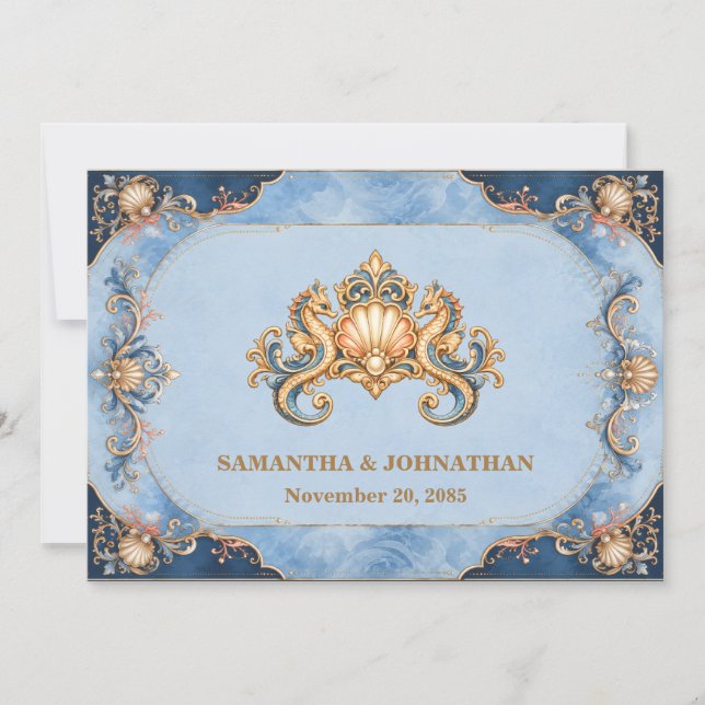 Invitación Boda de lujo de caballito de mar en la playa azul  (Anverso)