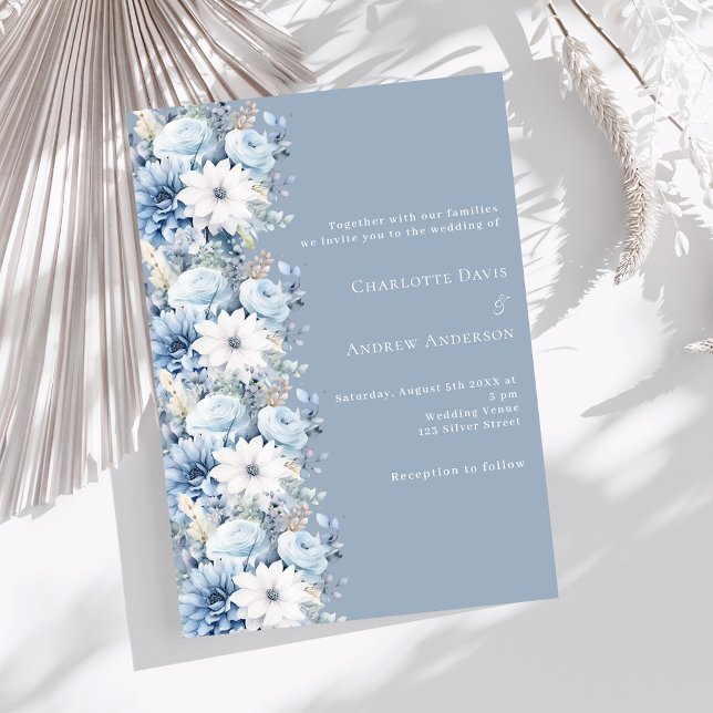 Invitación Boda de lujo de flores azules y turbias (Subido por el creador)