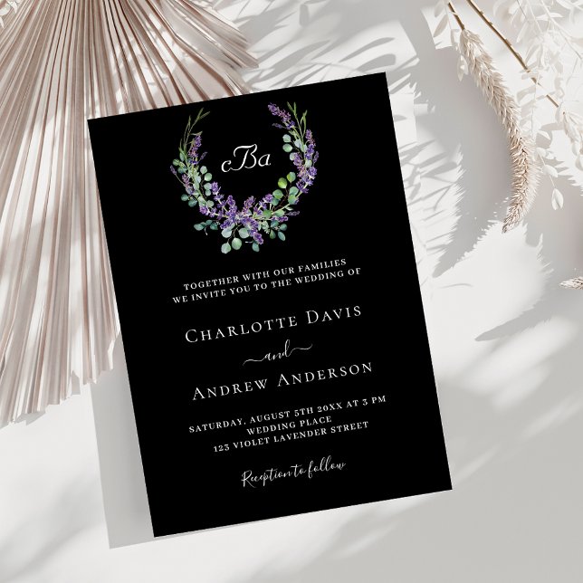 Invitación Boda de lujo de flores de lavanda blanca negra (Subido por el creador)