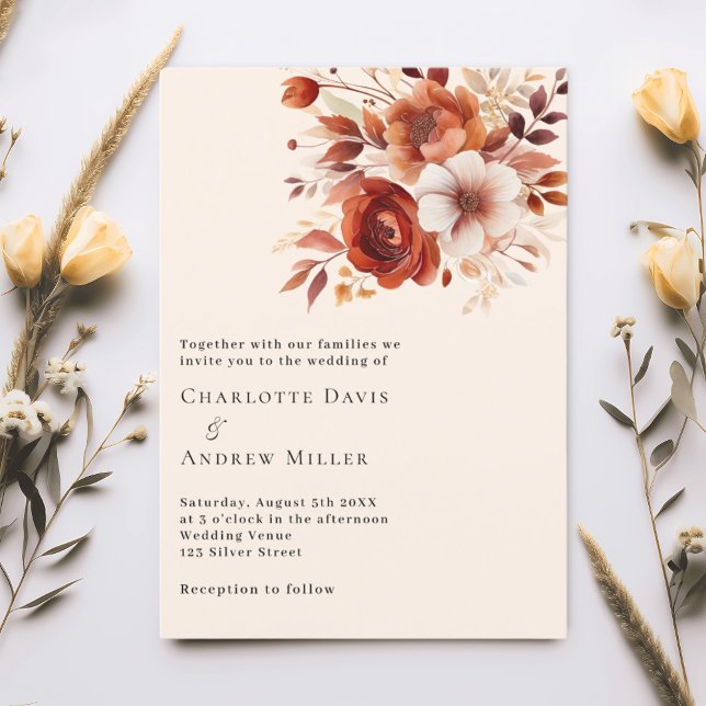 Invitación Boda de lujo de flores naranjas quemadas en beige (Subido por el creador)
