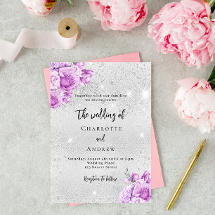 Invitación Boda de lujo de flores violeta rosadas plateadas
