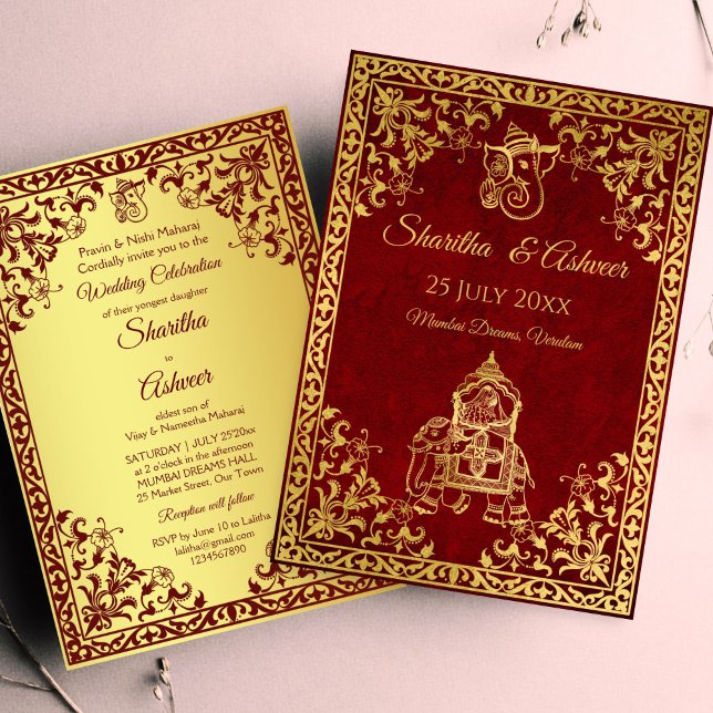 Invitación Boda de lujo de novias indias con elefante de oro  (Maroon and gold Indian wedding elephant Indian brides luxury Invitation template instant download)
