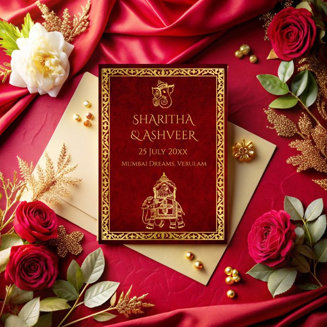 Invitación Boda de lujo de novias indias con elefante de oro  (Maroon gold ornate elephant Indian wedding brides luxury wedding Invitation cards template)