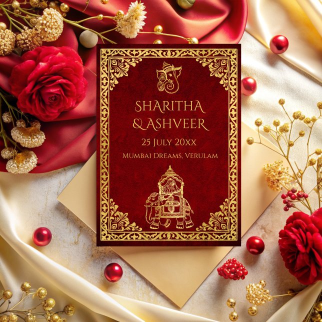 Invitación Boda de lujo de novias indias con elefante de oro  (Maroon gold elephant Indian brides luxury wedding Invitation cards template)