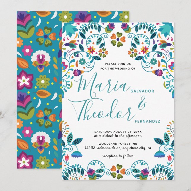 Invitación Boda de lujo de patrón floral de estilo mexicano (Anverso / Reverso)