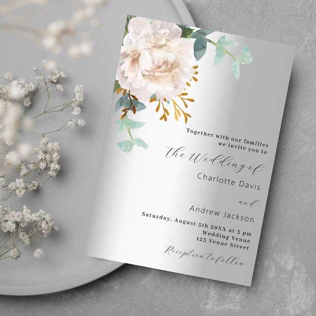 Invitación Boda de lujo de platería blanca y florida (Subido por el creador)