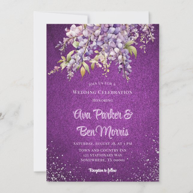 Invitación Boda de lujo  de Purpurina de Plata con Wisteria P (Anverso)