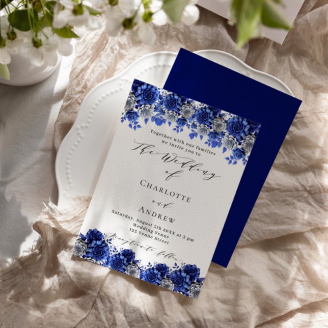 Invitación Boda de lujo del guión de guiones de florines azul (Subido por el creador)