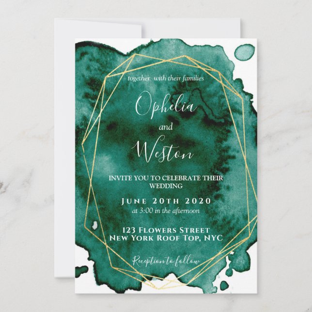 Invitación Boda de lujo del marco dorado verde esmeralda (Anverso)
