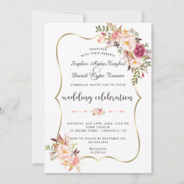 Invitación Boda de lujo dorado Rubor rosa floral borgoña