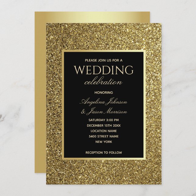Invitación Boda de lujo elegante en negro y dorado (Anverso / Reverso)