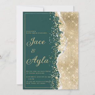 Invitación Boda de lujo elegante verde dorado brillo