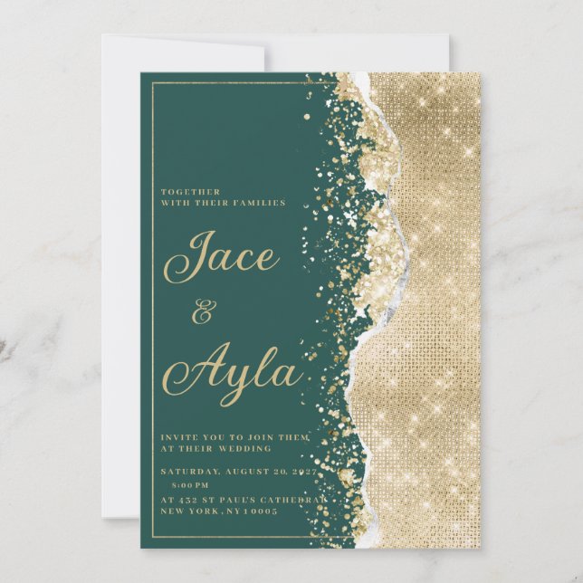 Invitación Boda de lujo elegante verde dorado brillo (Anverso)