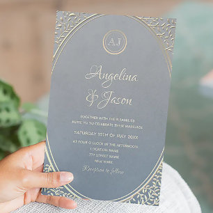 Invitación Boda de Lujo en Azul Polvoriento y Dorado