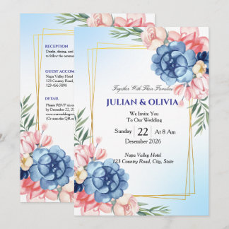 Invitación Boda de lujo en azul polvoriento y rosa rubor