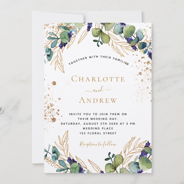 Invitación Boda de lujo Eucalyptus greenerenerenery purpurina (Anverso)