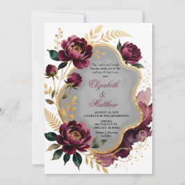 Invitación Boda de Lujo Floral Burgundy Gris Dorado