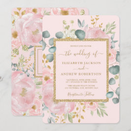 Invitación Boda de lujo floral de color rosa dorado bonito