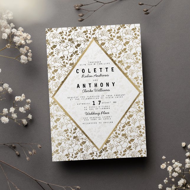Invitación Boda de lujo floral de oro blanco romántico (Romantic white gold floral luxury wedding )