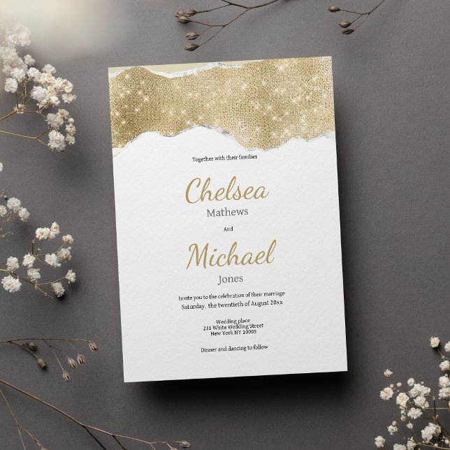 Invitación Boda de lujo Glam white gold purpurina (Glam white gold silver glitter luxury wedding)