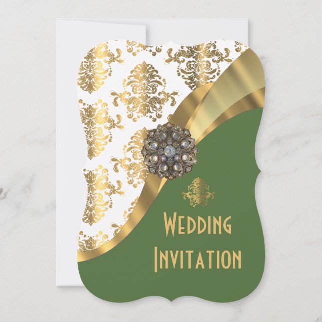 Invitación Boda de lujo irlandesa verde y dorada damasco (Reverso)