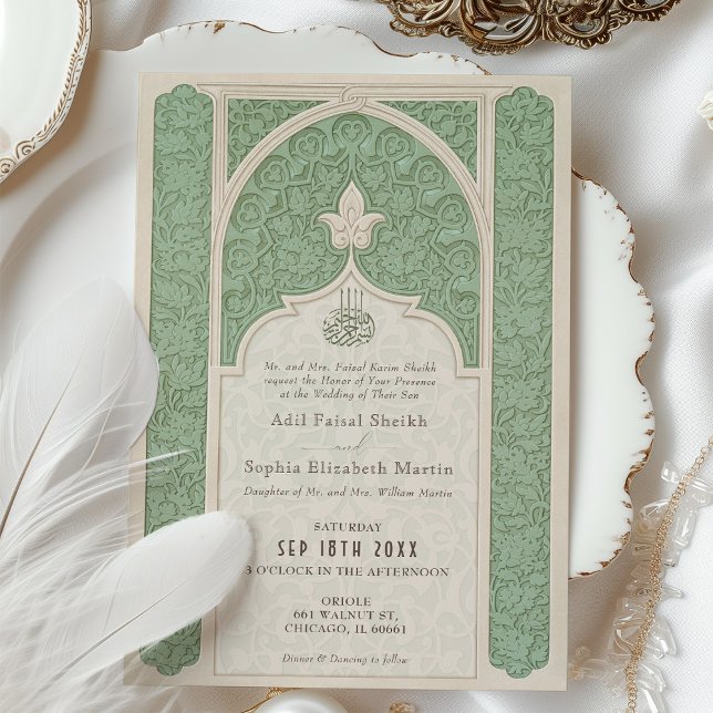 Invitación Boda de lujo islámico Lace Sage Green (Subido por el creador)