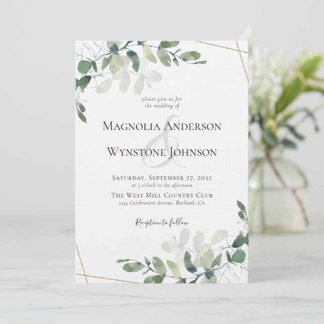 Invitación Boda de lujo Linen Eucalyptus Greenery Gold (Anverso de pie)