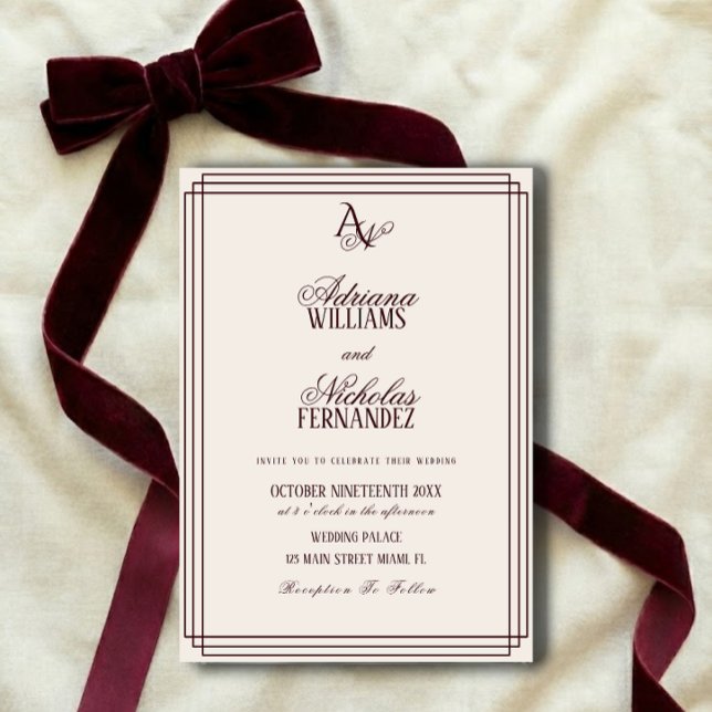 Invitación Boda de lujo marfil borgoña Monograma (Subido por el creador)