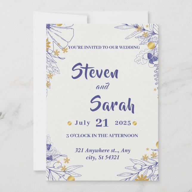 Invitación Boda de lujo Marina caligrafía azul, Golden (Anverso)
