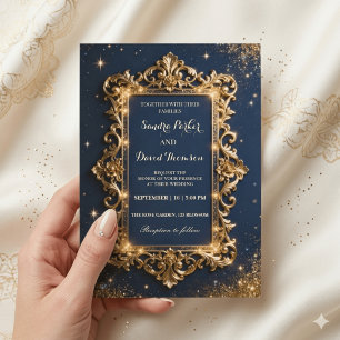 Invitación Boda de Lujo Moderna Chic Royal Dorado y Azul Mari