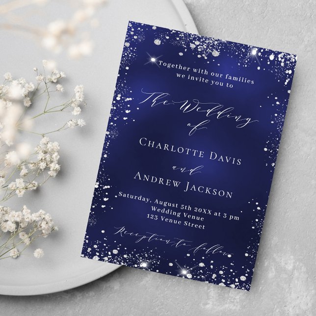 Invitación Boda de lujo moderno de plata azul marino (Subido por el creador)